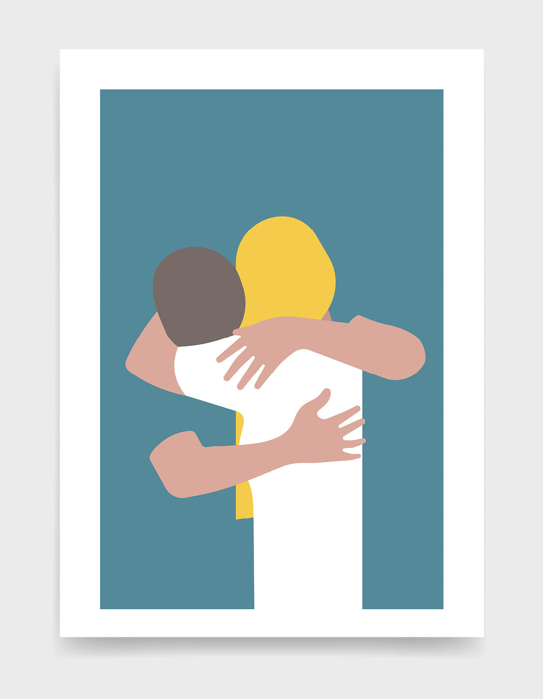A minimal design art print of a couple embracing against a white background. The girl has long blond hair and is wearing a white top, the man leans into her neck and wear as teal blue t-shirt