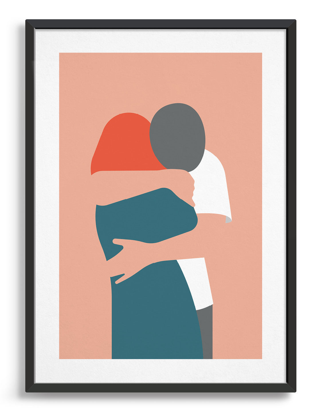 Couple hugging against a pink background. The girl is facing away and has red hair and a blue dress whilst the man is leaning over her shoulder arms around her wearing a white tshirt