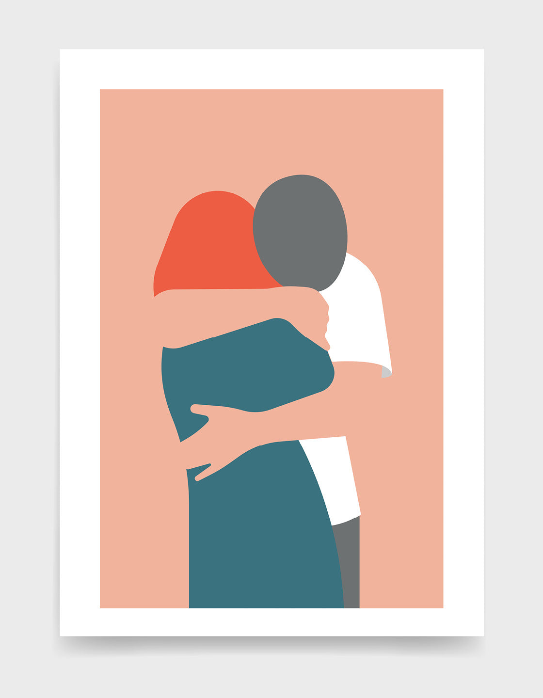Couple hugging against a pink background. The girl is facing away and has red hair and a blue dress whilst the man is leaning over her shoulder arms around her wearing a white tshirt