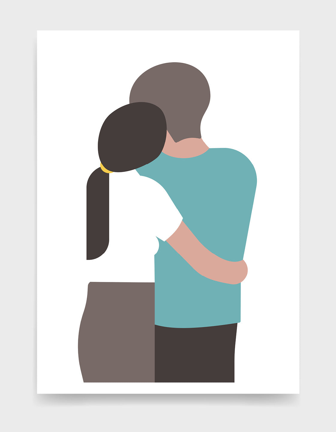 A couple stand facing away, the lady on the left rests her head on the mans shoulder. She has long dark hair in a ponytail and wear a white t-shirt, he wears a blue tshirt and dark pants. The design is set against a white background
