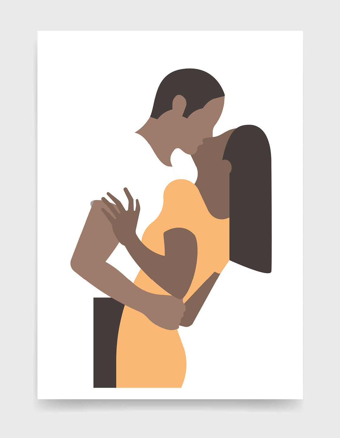 White poster print depicts a couple in an embrace kissing. The woman is on the right wearing a yellow dress and the man's white t-shirt blends with the background