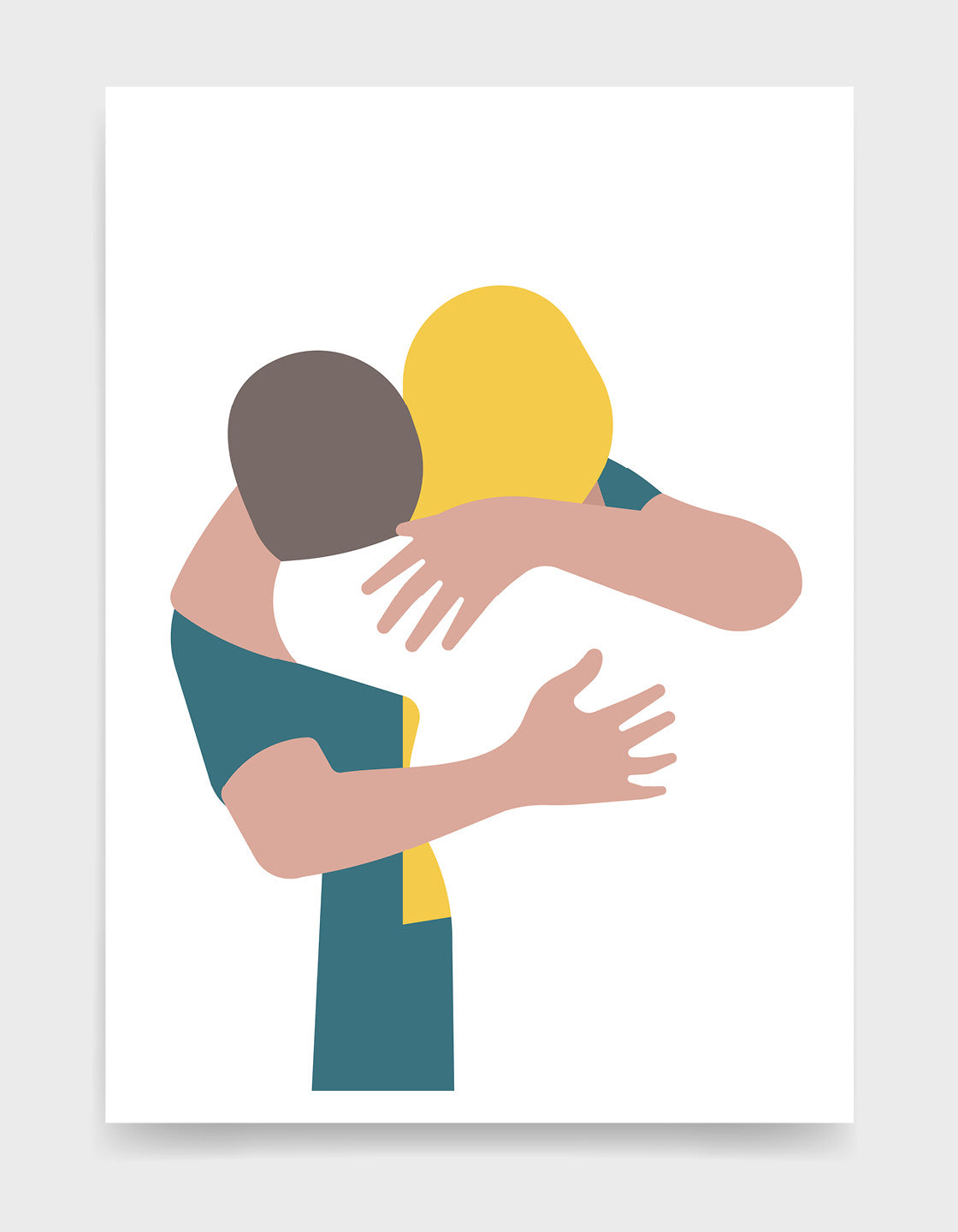 A minimal design art print of a couple embracing against a white background. The girl has long blond hair and is wearing a white top, the man leans into her neck and wear as teal blue t-shirt