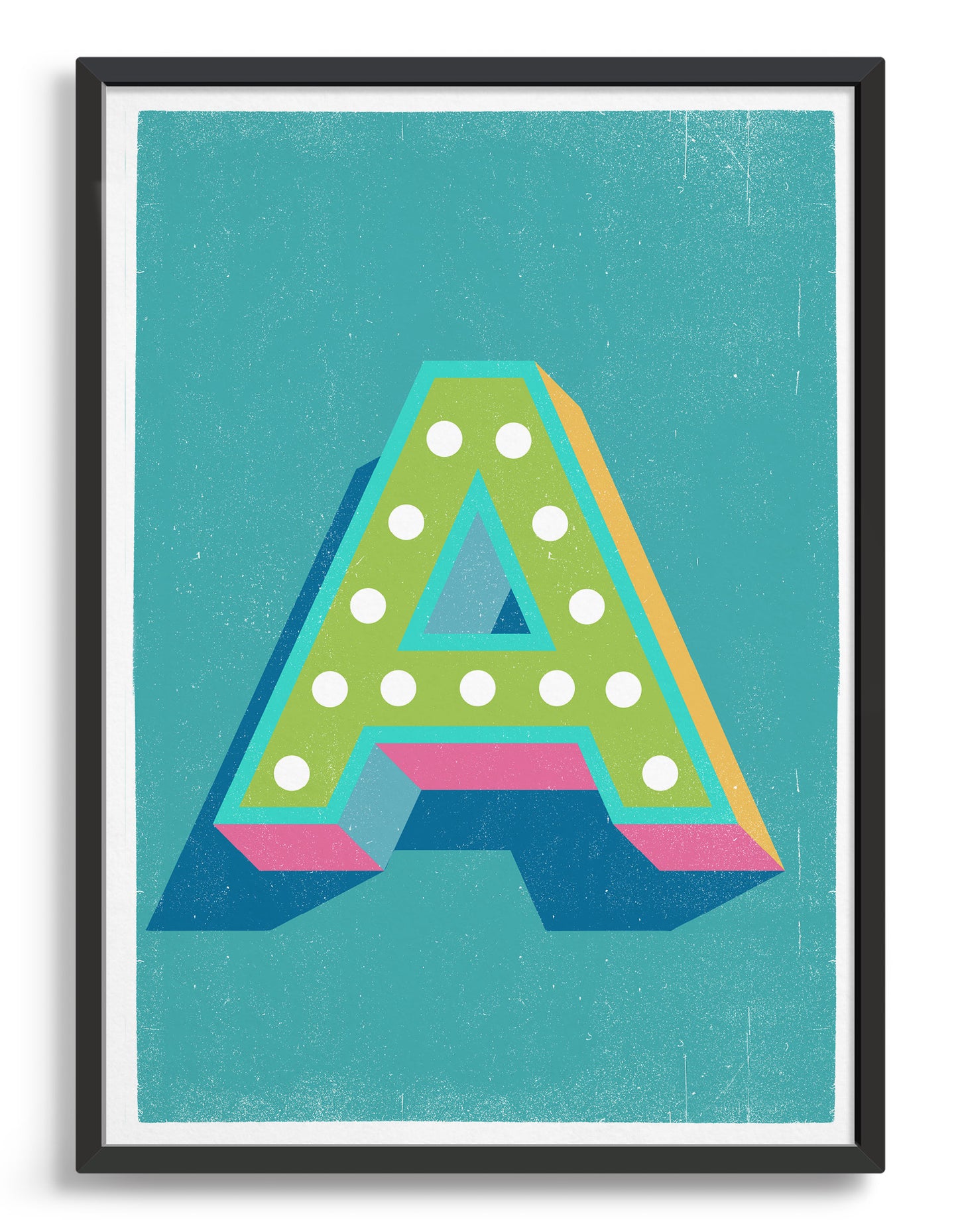 Alphabet print in lights on font against a blue background