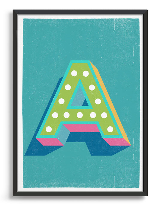 Alphabet print in lights on font against a blue background