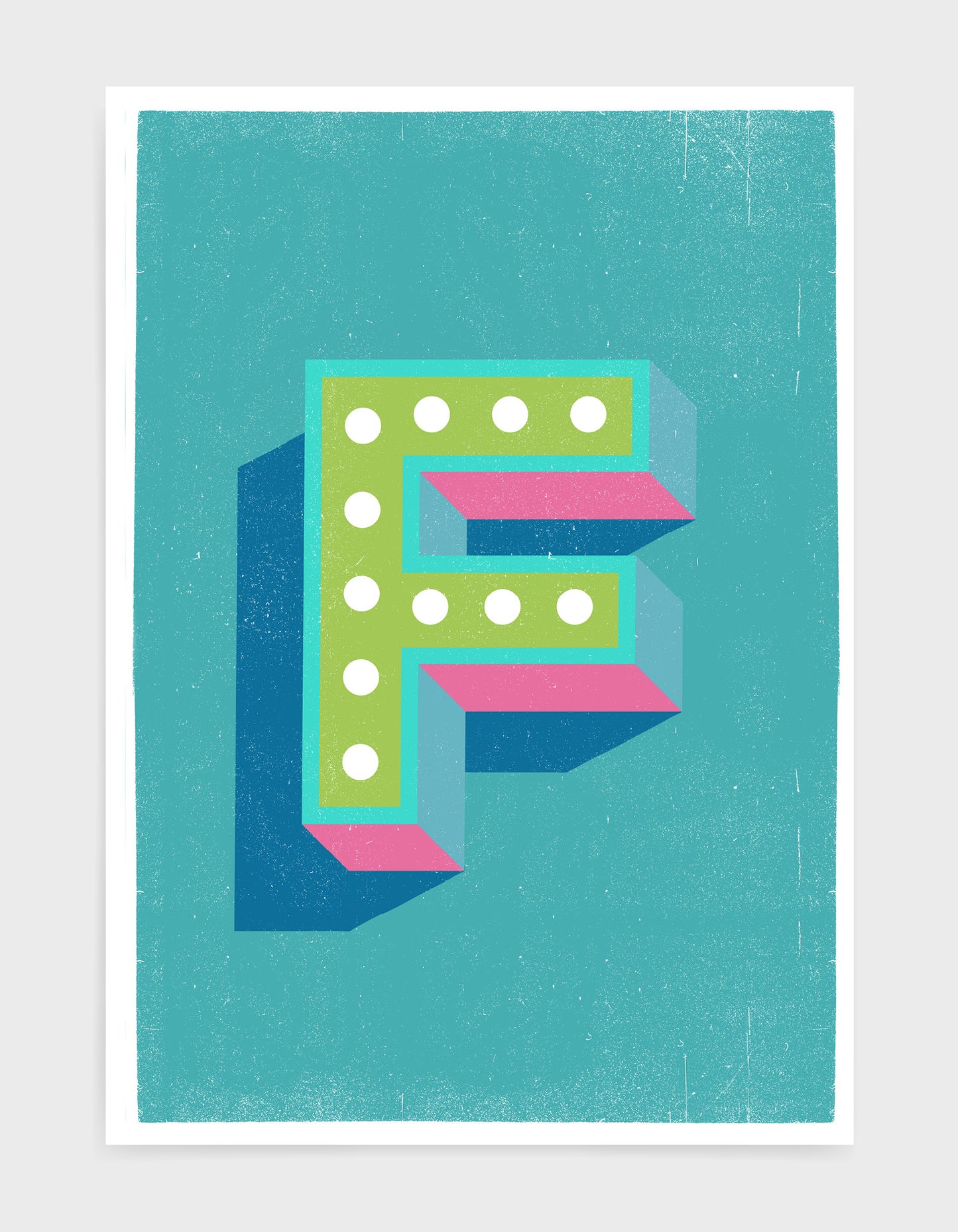 Alphabet print in lights on font against a blue background - letter f