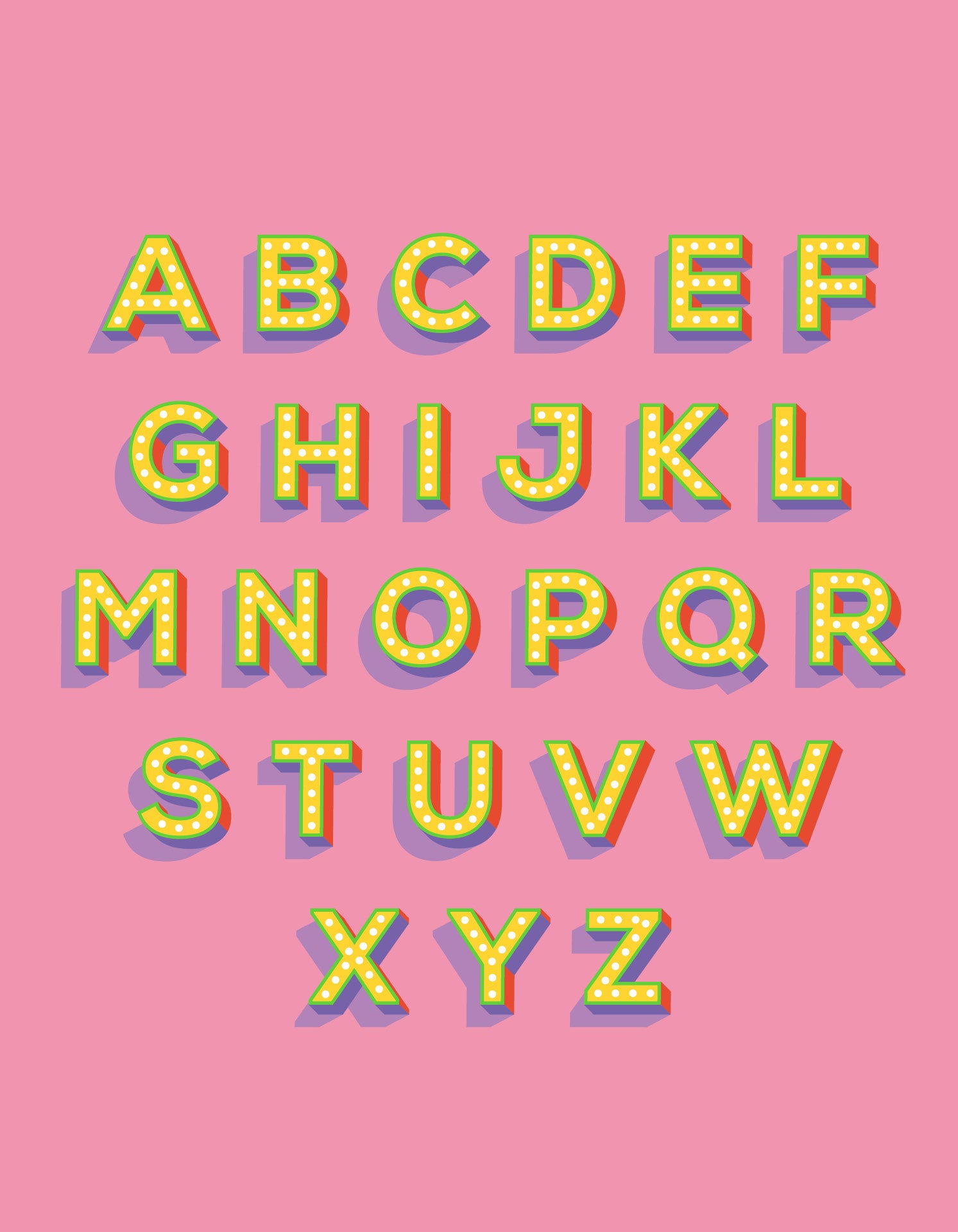 Alphabet print - lights on font in yellow against a pink background - full alphabet