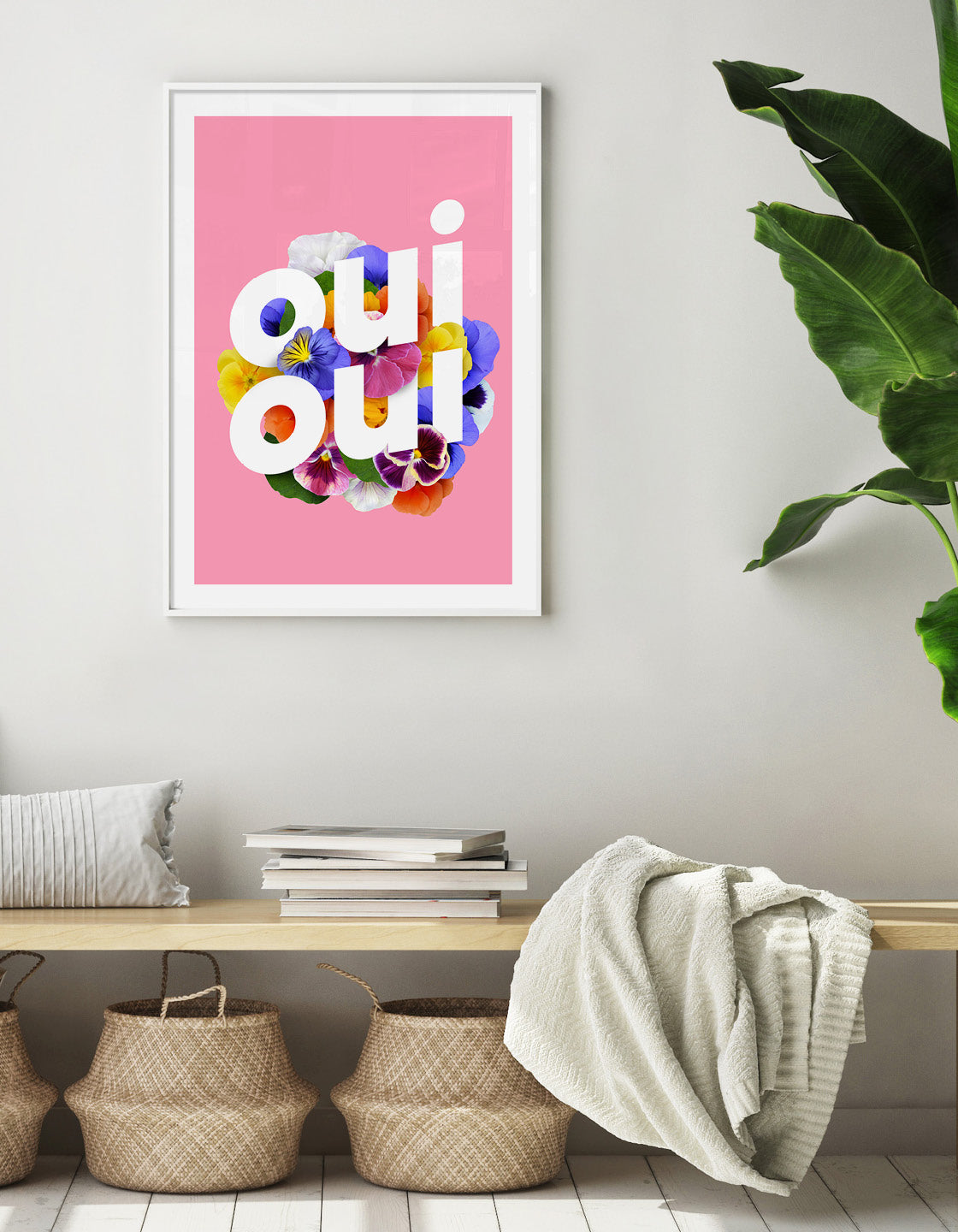 Pink Oui Oui art print with baby pink background and sweetpea flower design