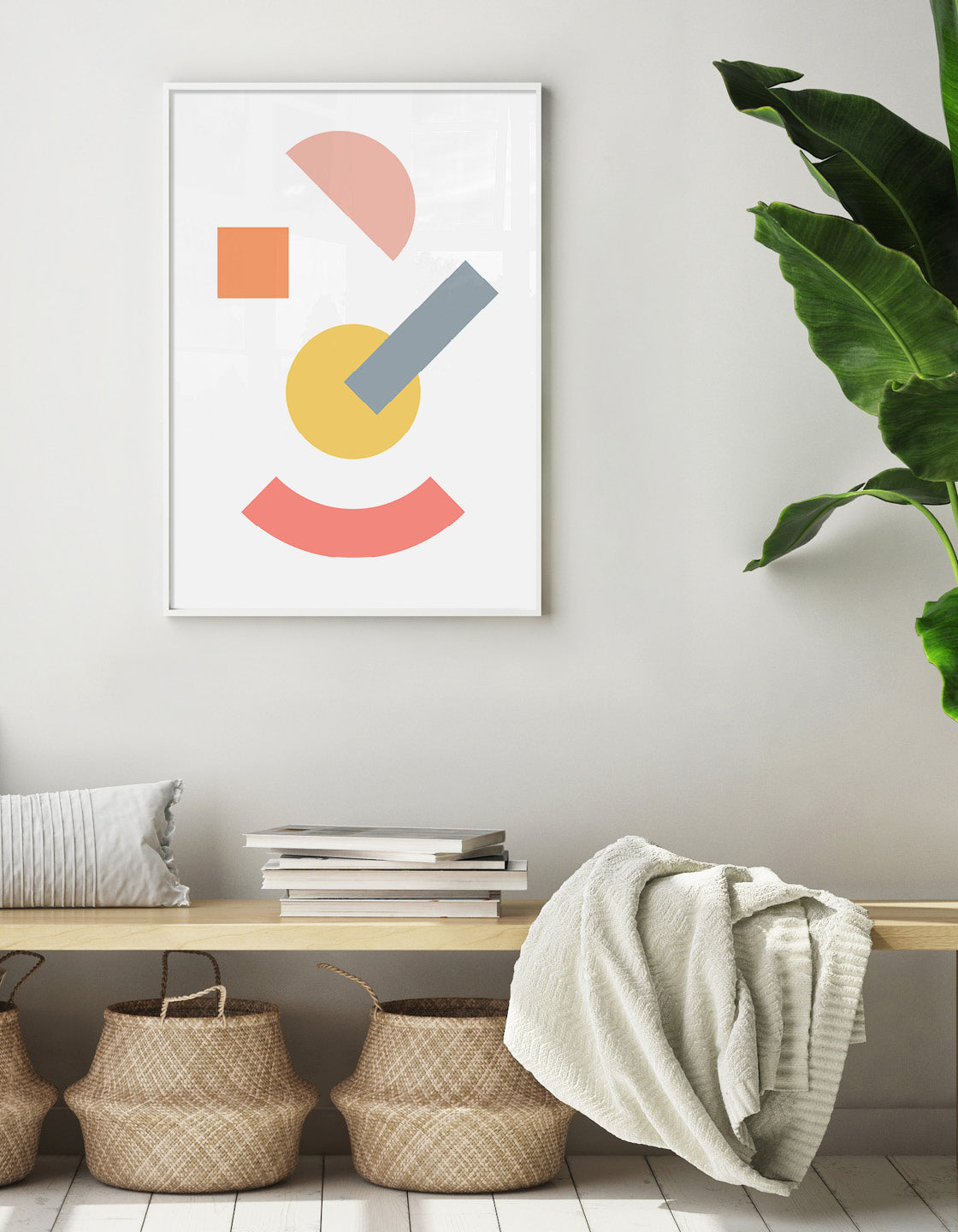 Abstract shape print shown on the wall above a hallway bench seat