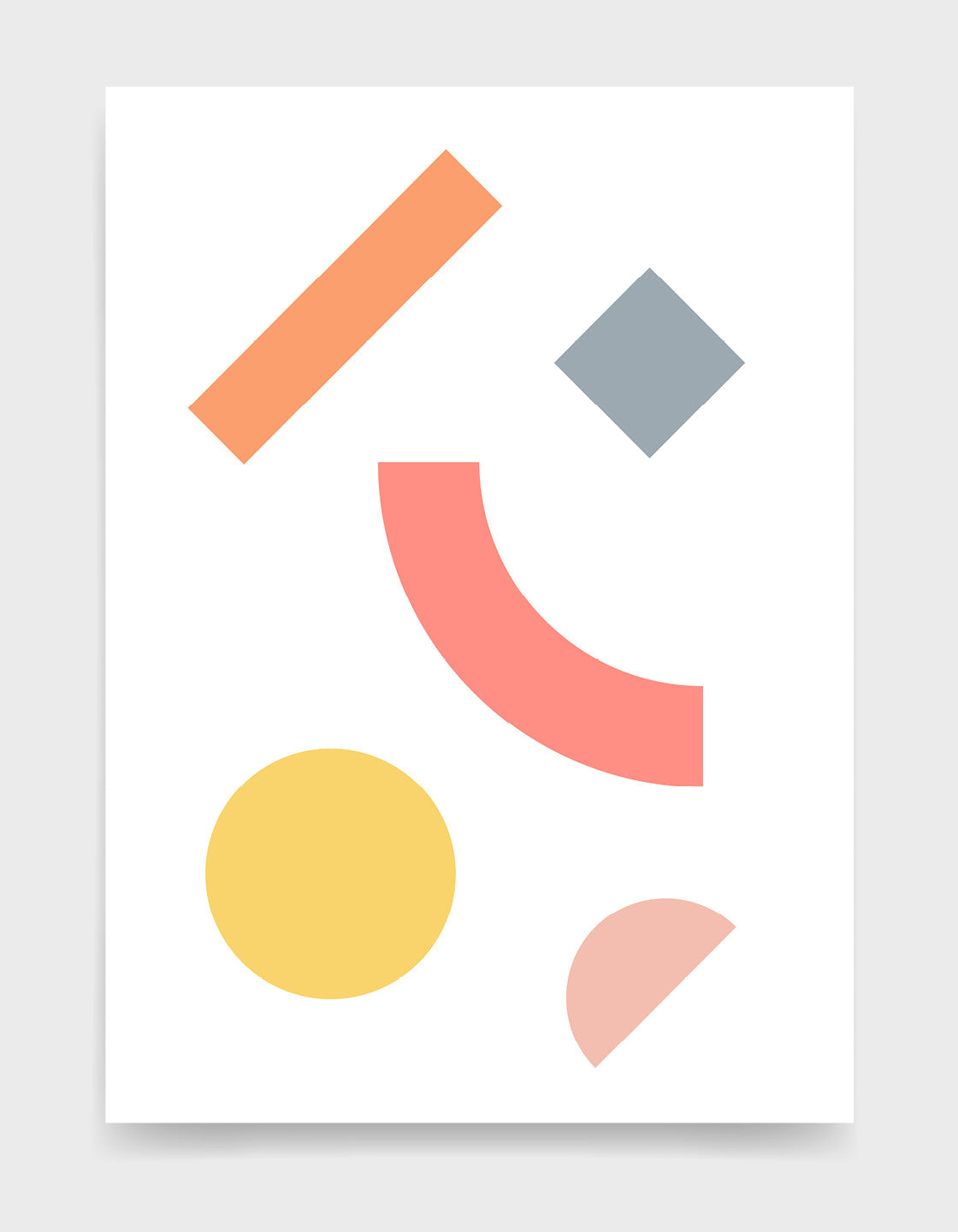 Modern abstract art print with geometric multi coloured shapes against a white background