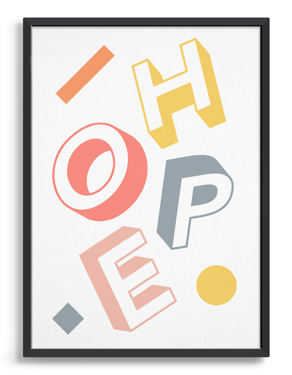 Typography print with the word hope in pastel coloured bold letters against a white background
