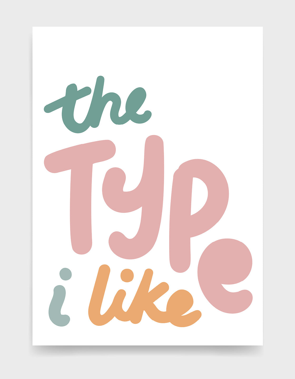 Multi colour text typography print on white background 'The type i like'