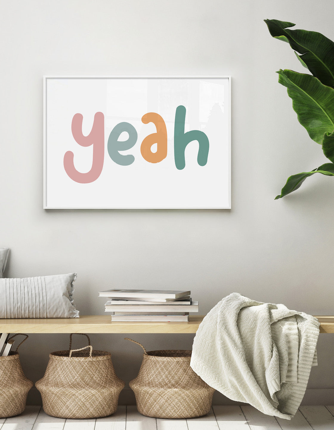 multi colour text typography print of the word yeah in childish font against a white background