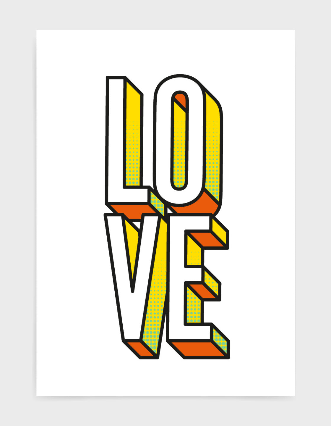 Bold modern typography print of the word LOVE in 3D custom font with yellow and orange accents against a white background
