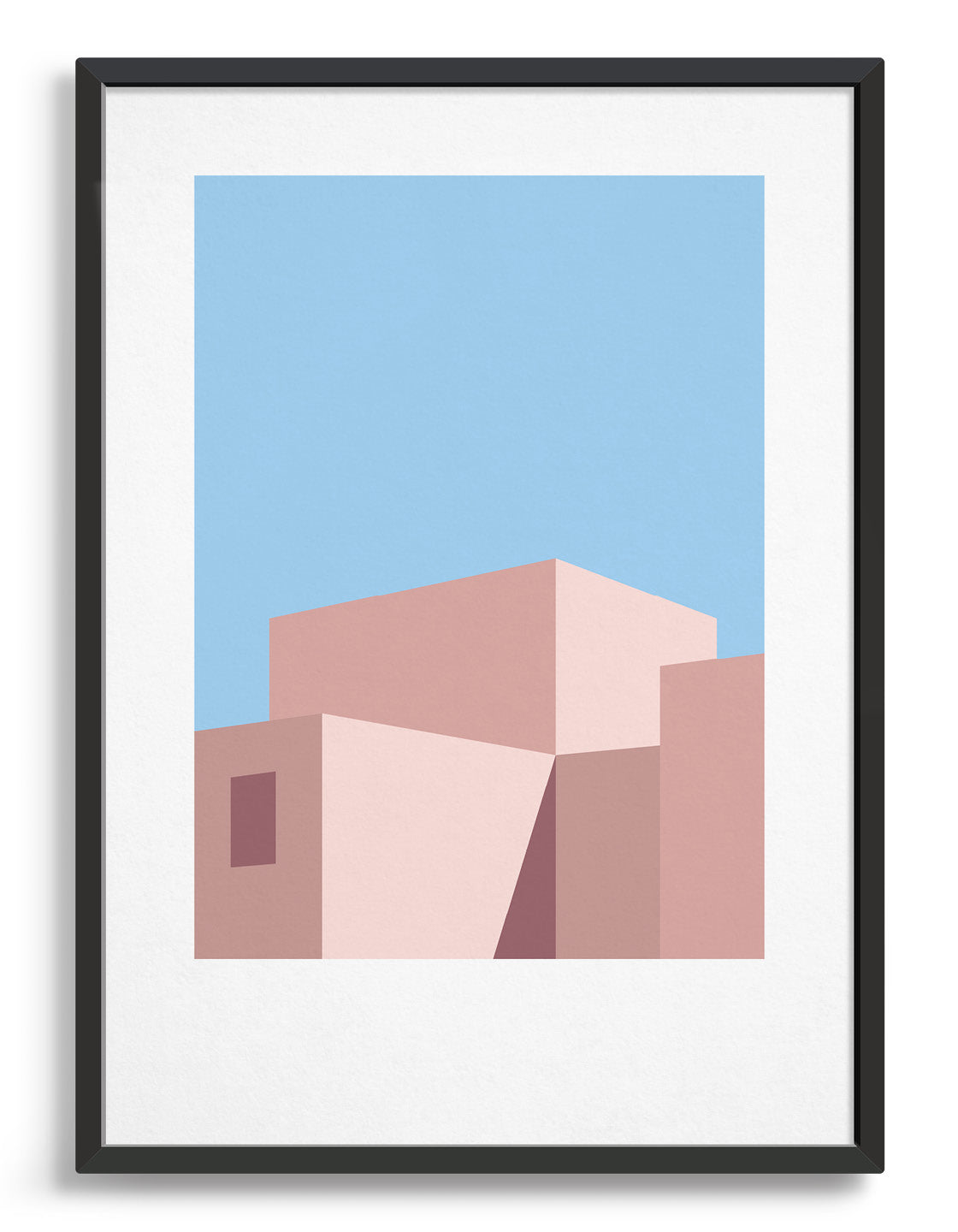 Geometric abstract art print depicting a building in shadow