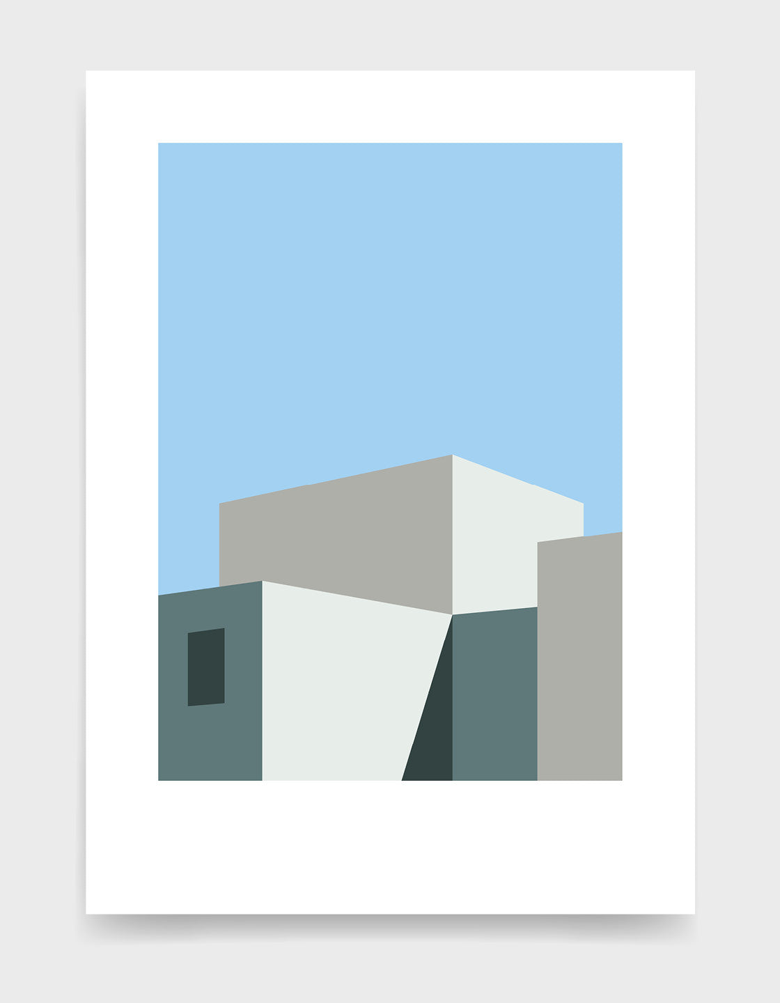 Geometric abstract art print depicting a building in shadow