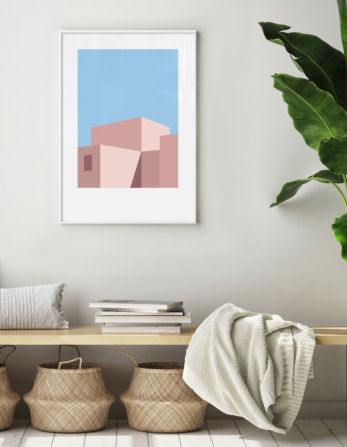 Geometric abstract art print depicting a building in shadow