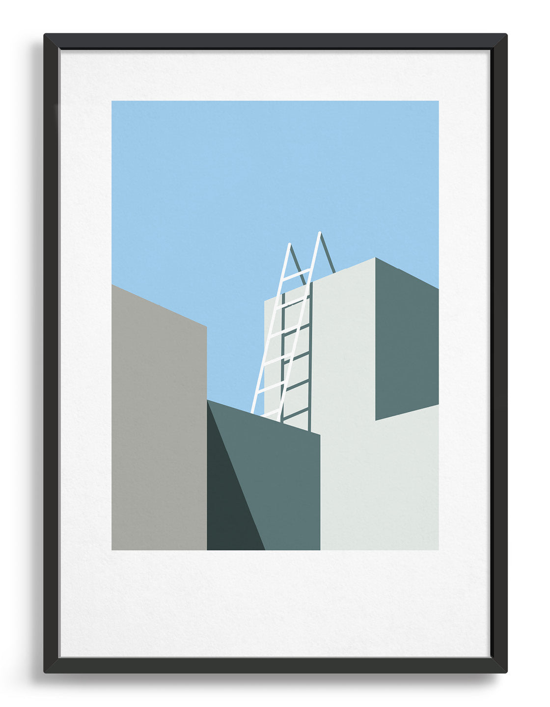 architectural style geometric abstract art print with building tops in shadow and ladder