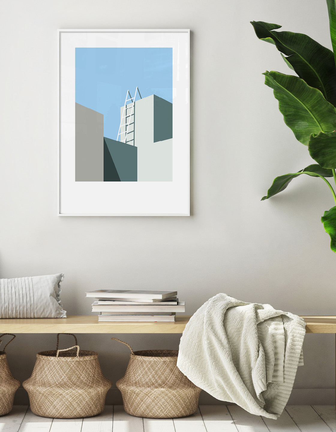 architectural style geometric abstract art print with building tops in shadow and ladder
