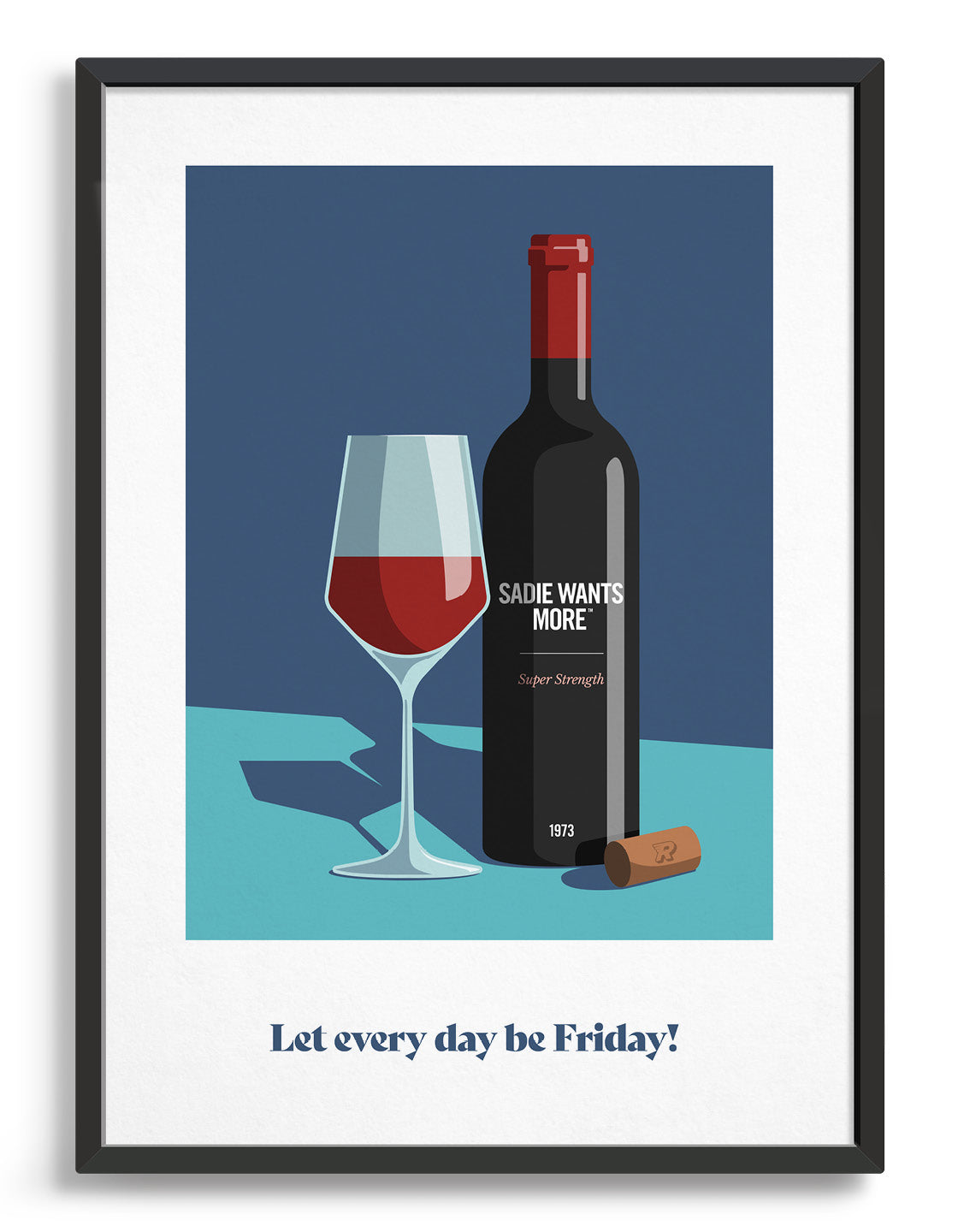 red wine bottle Personalised art print. Add custom text to four areas on the bottle. Depicted against a dark blue and turquoise background with a glass half full of wine and a cork on the side