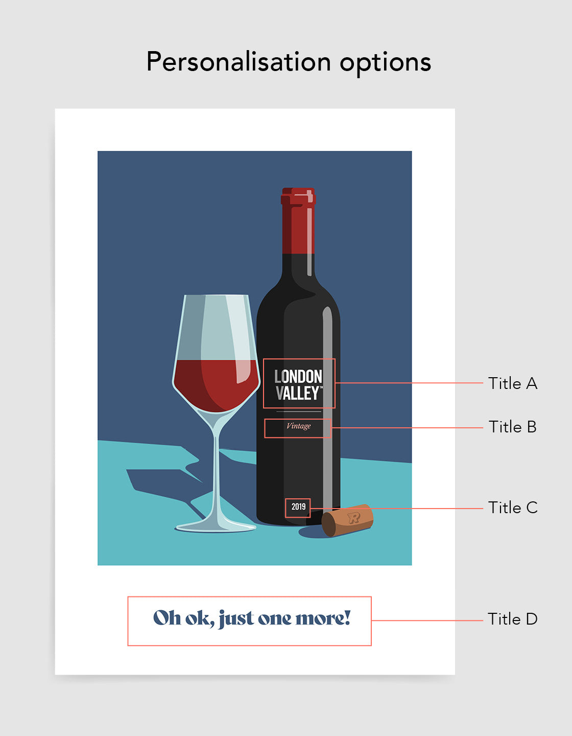 red wine bottle Personalised art print. Add custom text to four areas on the bottle. Depicted against a dark blue and turquoise background with a glass half full of wine and a cork on the side