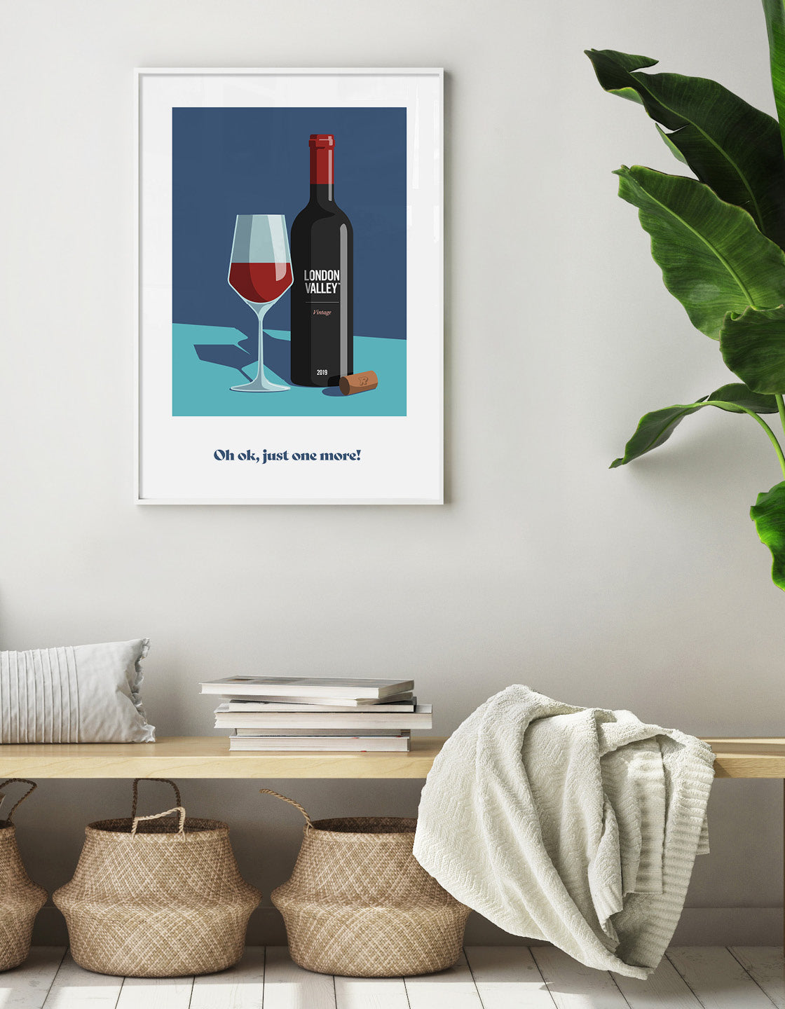 red wine bottle Personalised art print. Add custom text to four areas on the bottle. Depicted against a dark blue and turquoise background with a glass half full of wine and a cork on the side