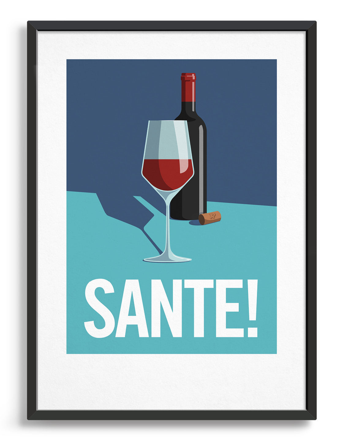 image depicts a bottle of red wine and a half filled glass with a discarded cork. Set against a blue and turquoise background