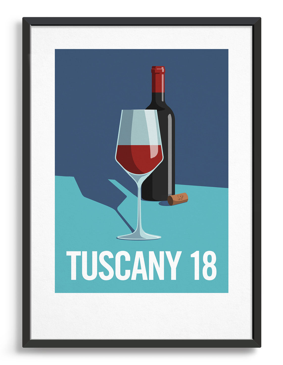 image depicts a bottle of red wine and a half filled glass with a discarded cork. Set against a blue and turquoise background