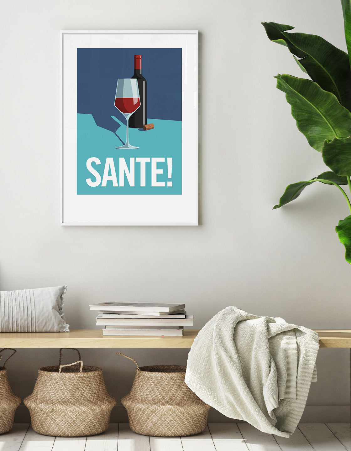 image depicts a bottle of red wine and a half filled glass with a discarded cork. Set against a blue and turquoise background