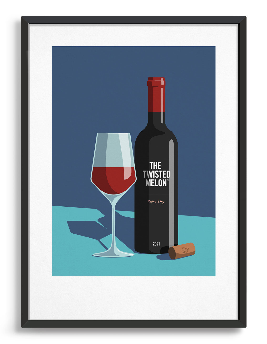 Minimal art print showing a wine glass half filled with red wine stood next to a bottle with white text. A cork lays on the side. Print has a dark blue background in the top two thirds and a turquoise background for the bottom third