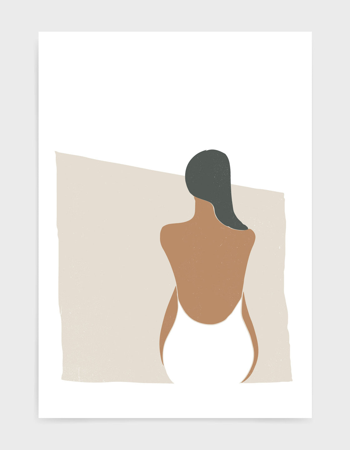 Minimal art print in earthy tones depicting a woman in swimsuit with her back facing the viewer