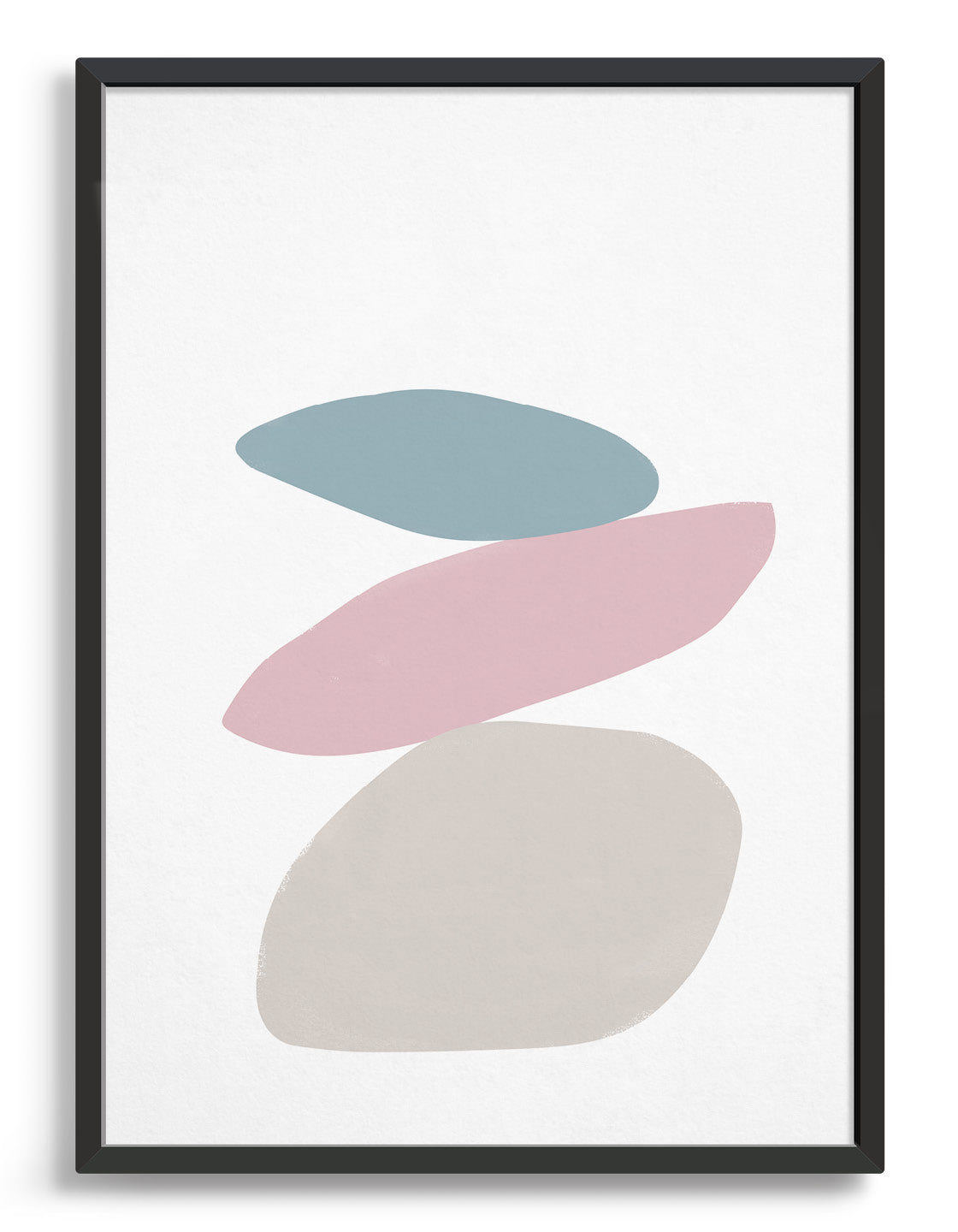 pastel tone minimal abstract art print of stacked stones in varying shapes in blue, pink and grey