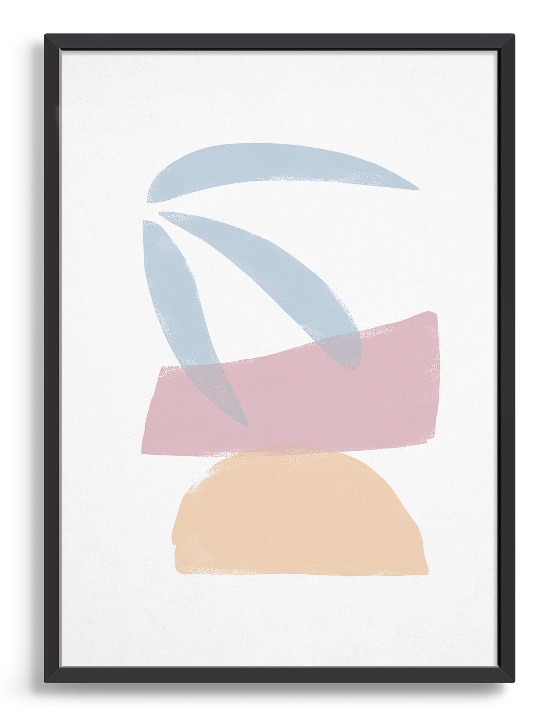 nature inspired abstract print with palm inspired leaves over a pink painted oblong on top of a pale yellow semi circle
