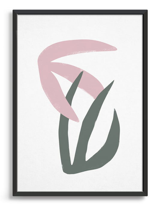 Matisse style interlocking leaf print with pink and grey wide frond leaves against a white background