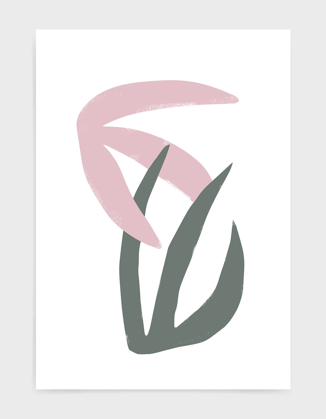 Matisse style interlocking leaf print with pink and grey wide frond leaves against a white background
