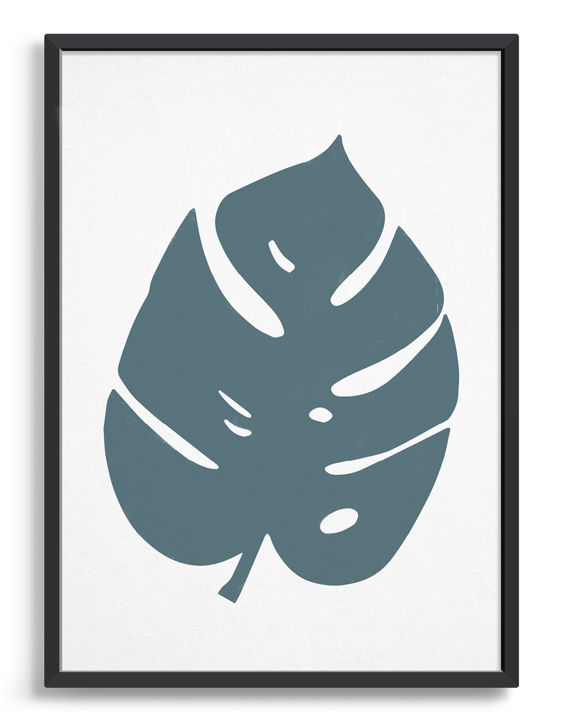 Art print depicting a large blue monstera leaf against a white background