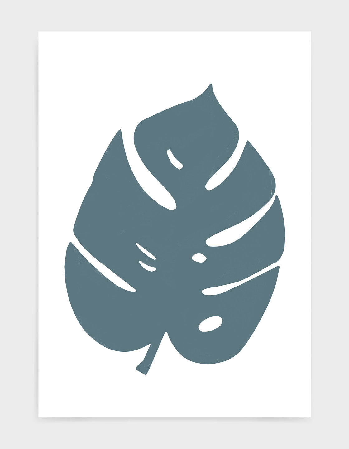 Art print depicting a large blue monstera leaf against a white background