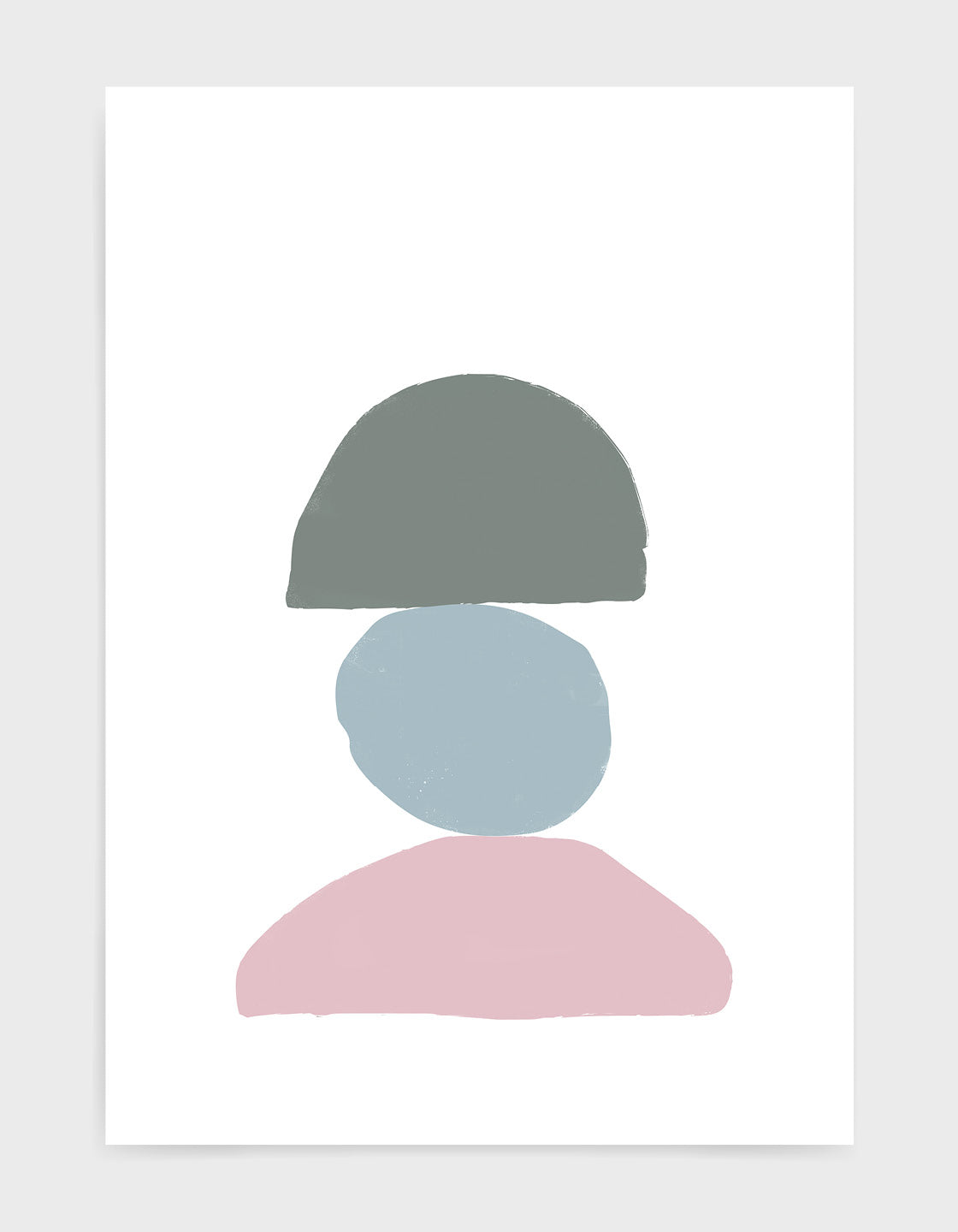 Minimal screen print style art print featuring three curved stone shapes sat on top of each other. One pink semi circle, a pale blue circle and greeny grey semi circle on top