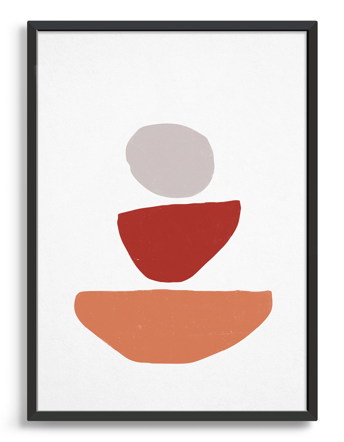 Abstract art print of what looks like decreasing sized stones stack on top of each other. Large orange semi circle on the bottom, red semi-circle and then neutral grey circle on top on a white background