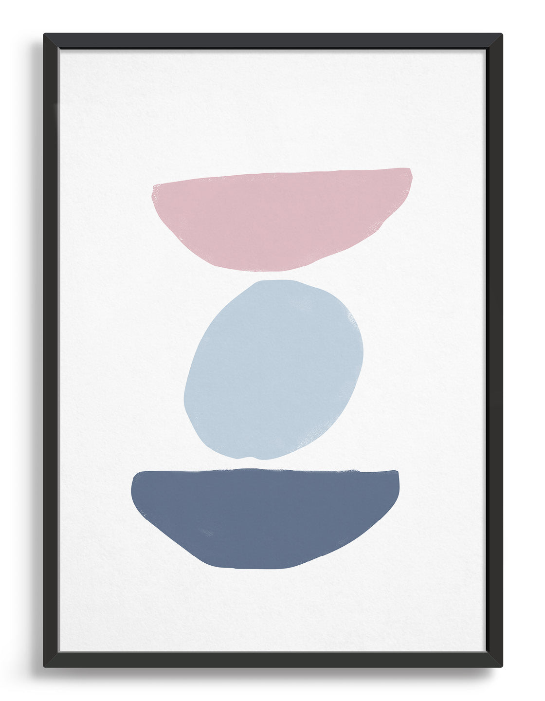 scandi inspired natural artprint depicting coloured shapes stacked on top of each other. Pink semi circle on top of a pale blue circle on top of a blue/grey semi circle