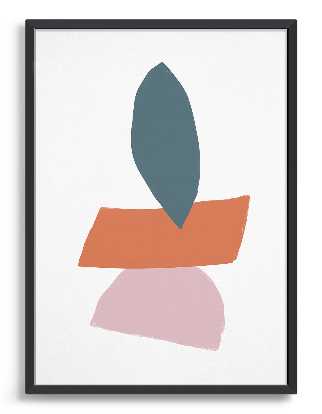 Nature inspired abstract print of stacked stones with dark grey oval stone on top of orange rectangular stone on top of pink semi circle stone