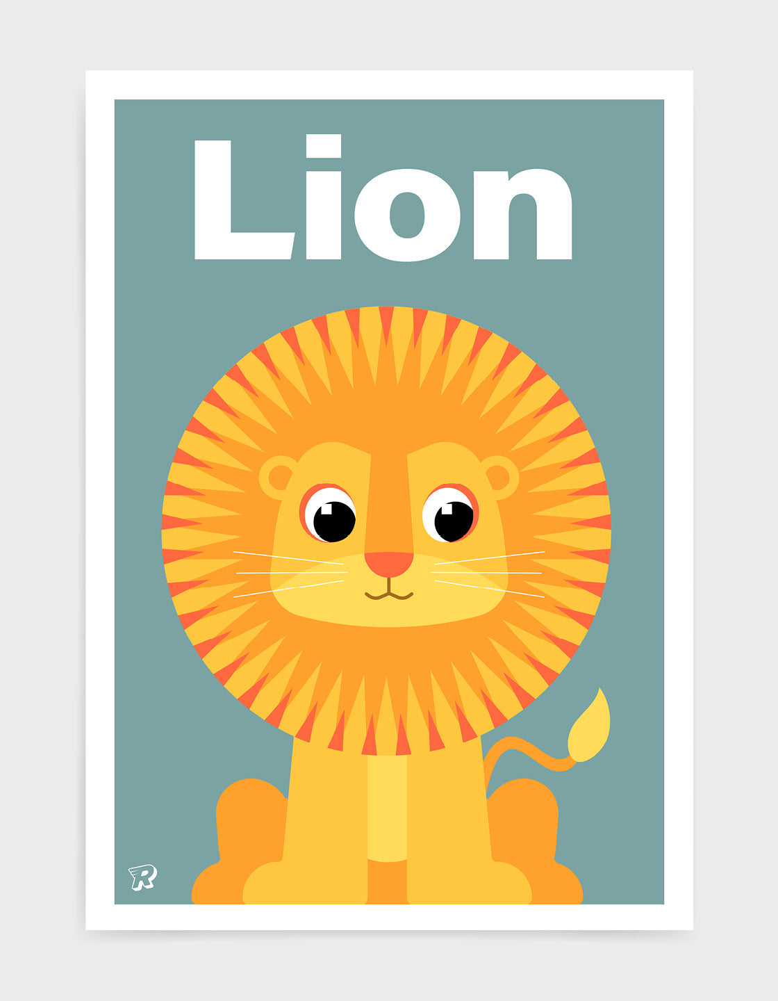 kids art print featuring a cute illustrated lion on a blue background with the word Lion in white text at the top