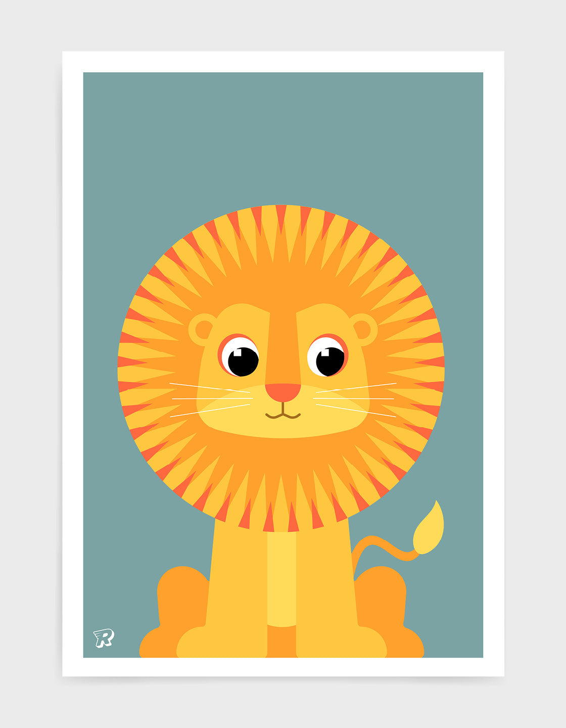 kids art print featuring a cute illustrated lion on a blue background 