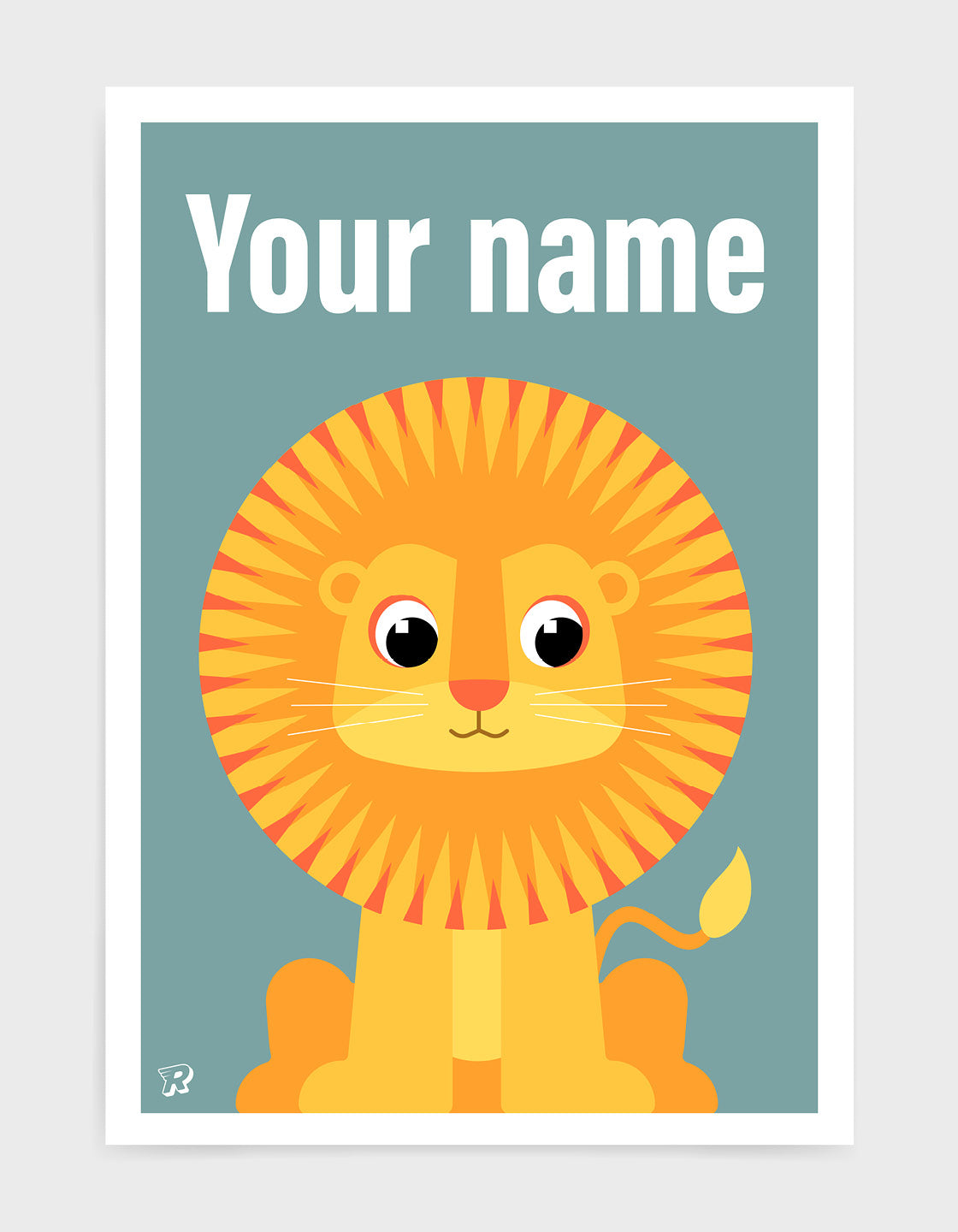 kids art print featuring a cute illustrated lion on a blue background with the words your name in white text at the top to illustrate where the print can be Personalised