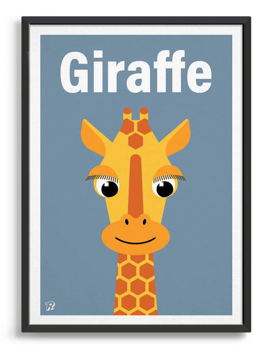 kids illustrated giraffe print with a cute giraffe head with long eyelashes against a blue background. The word giraffe is written at the top in white font