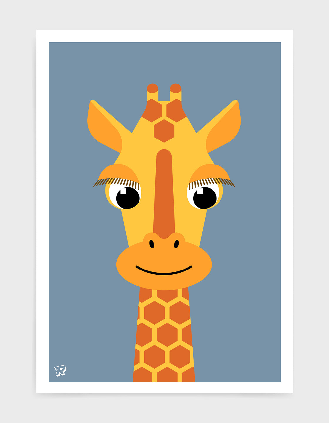 kids illustrated giraffe print with a cute giraffe head with long eyelashes against a blue background. 