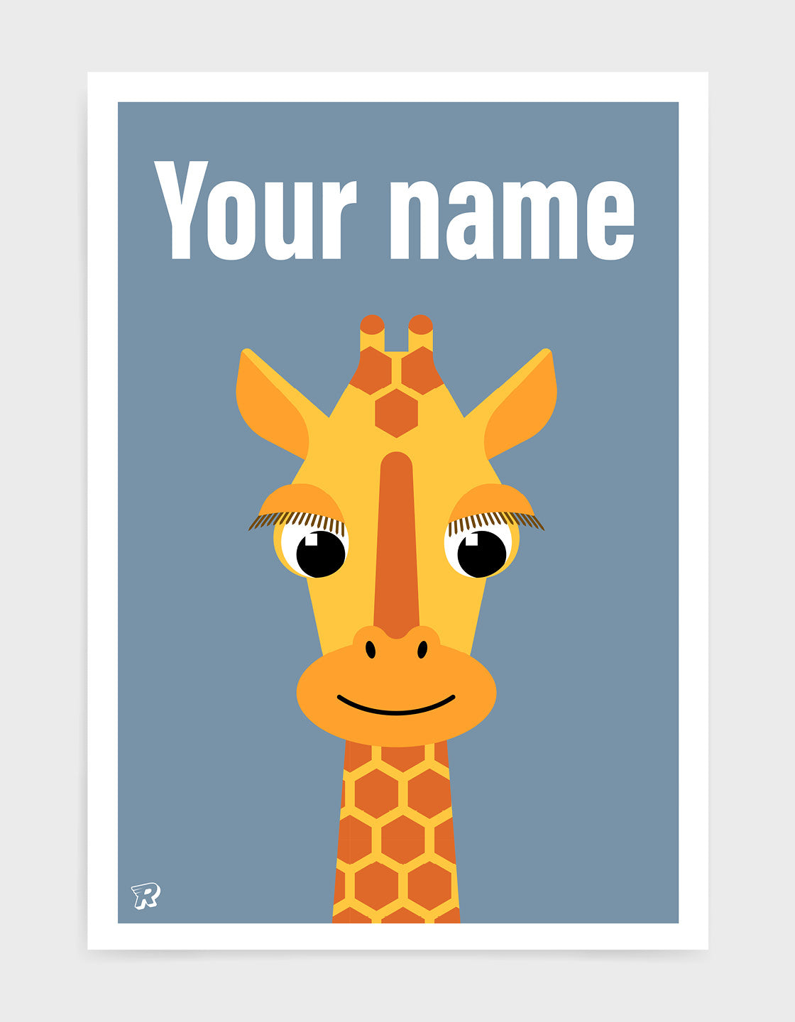 kids illustrated giraffe print with a cute giraffe head with long eyelashes against a blue background. The words your name is written at the top in white font to illustrate how the print can be Personalised with the name of your choice