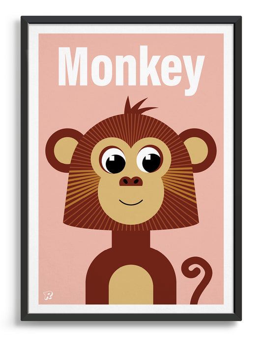 kids monkey illustrated art print with a brown cute monkey illustration on a pink backround. The word Monkey is at the top in a white font
