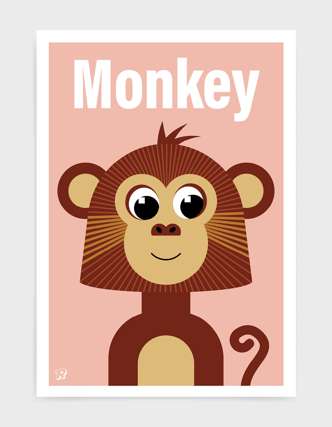kids monkey illustrated art print with a brown cute monkey illustration on a pink backround. The word Monkey is at the top in a white font