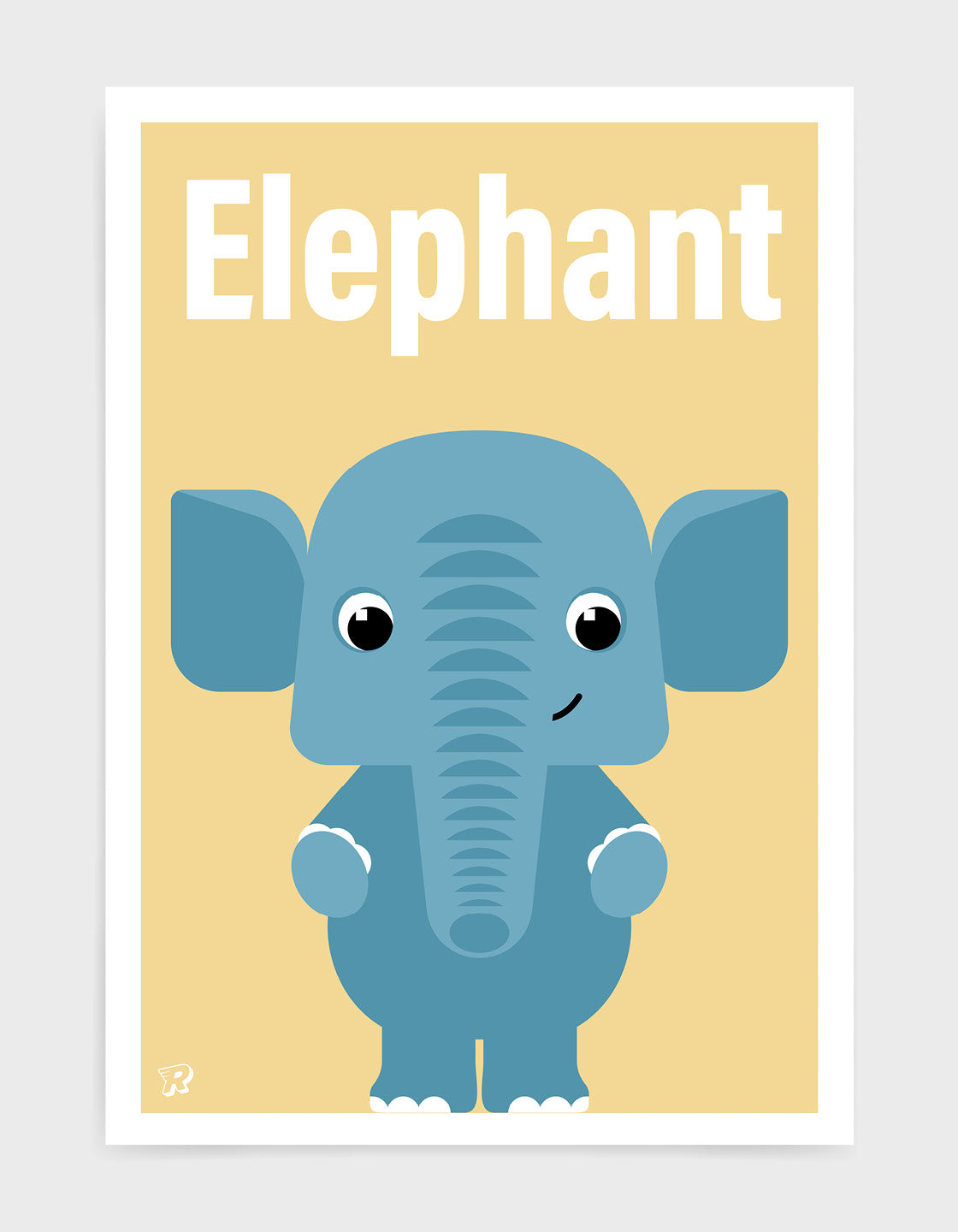childs art print depicting a cute elephant illustration in blue against a yellow background. The word elephant is written above