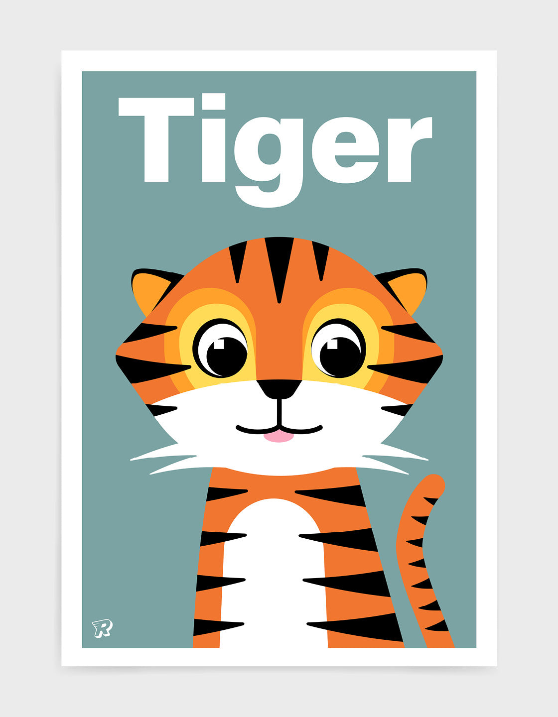 Cute kids tiger print with illustration of friendly tiger on a blue grey background. The word tiger is printed in white text above the tiger